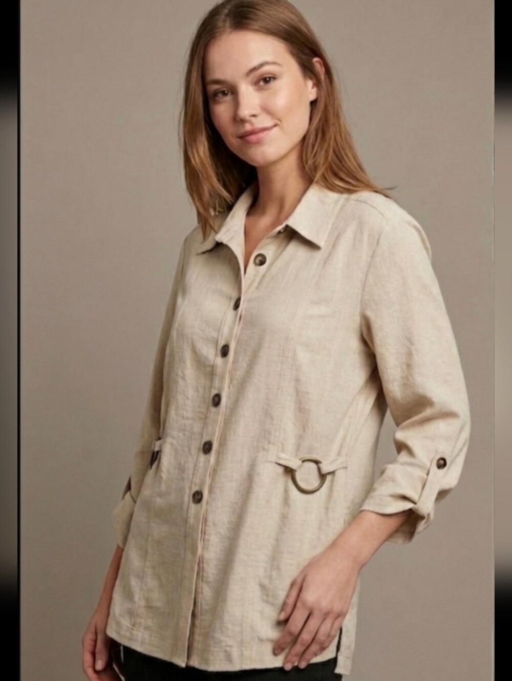Conrad C Proportion Petite Beige Utility Shacket Tunic Blouse, Size 12